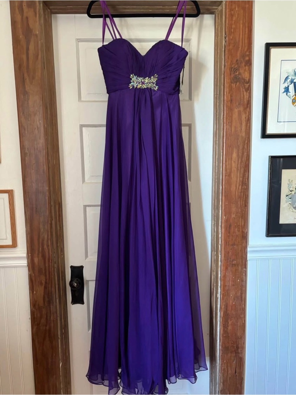 Purple Beaded Empire Waist Evening Dress